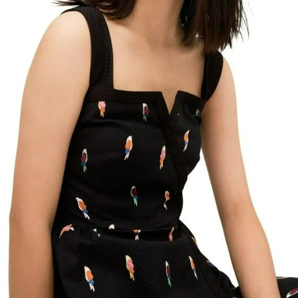 Kate Spade Flock Party Dress 0 Black Parrot Jacquard Fit N Flare Mock Wrap Mini